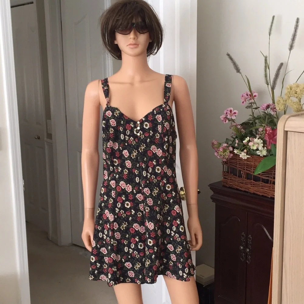 Cacique Floral Slip Dress Jumper Black Rose Print Y2K Lingerie Style Size M
